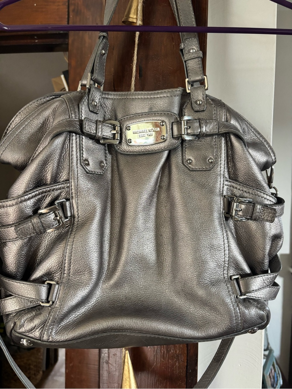 Michael Kors Metallic Gray Leather Hobo with Polished Plaque